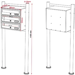 Wiltec 3er Briefkastenanlage weiß 513 x 270 x 1150 mm, Standbriefkasten mit 3 Fächern, Schlüssel und Namensschild, Briefkasten Postkasten mit Ständer