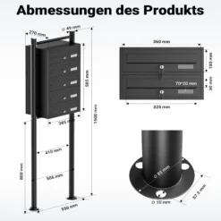 Wiltec 5er Briefkastenanlage schwarz 556 x 270 x 1500 mm, Standbriefkasten mit 5 Fächern, Schlüssel und Namensschild, Briefkasten Postkasten mit Ständer