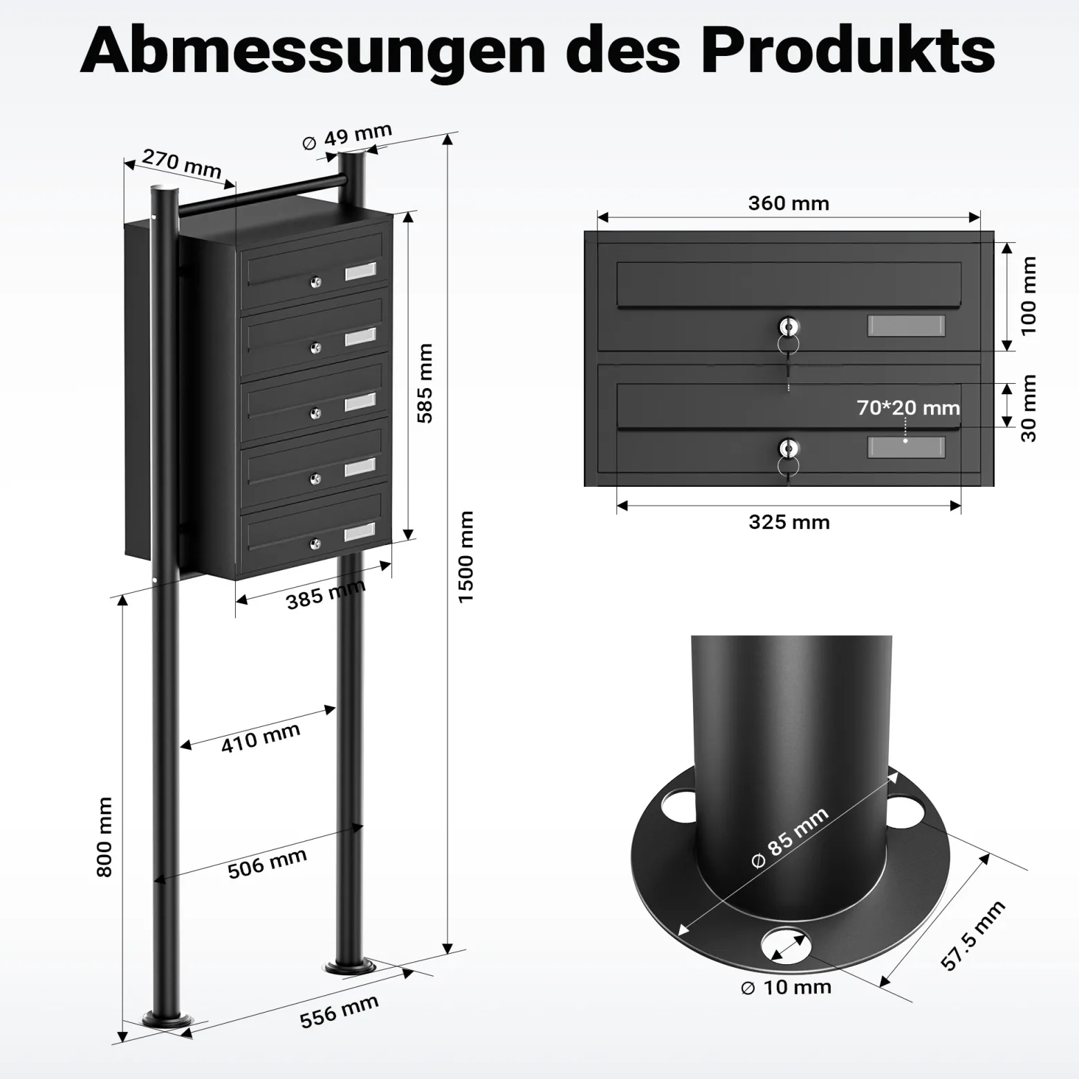 Wiltec 5er Briefkastenanlage schwarz 556 x 270 x 1500 mm, Standbriefkasten mit 5 Fächern, Schlüssel und Namensschild, Briefkasten Postkasten mit Ständer