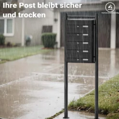 Wiltec 5er Briefkastenanlage schwarz 556 x 270 x 1500 mm, Standbriefkasten mit 5 Fächern, Schlüssel und Namensschild, Briefkasten Postkasten mit Ständer
