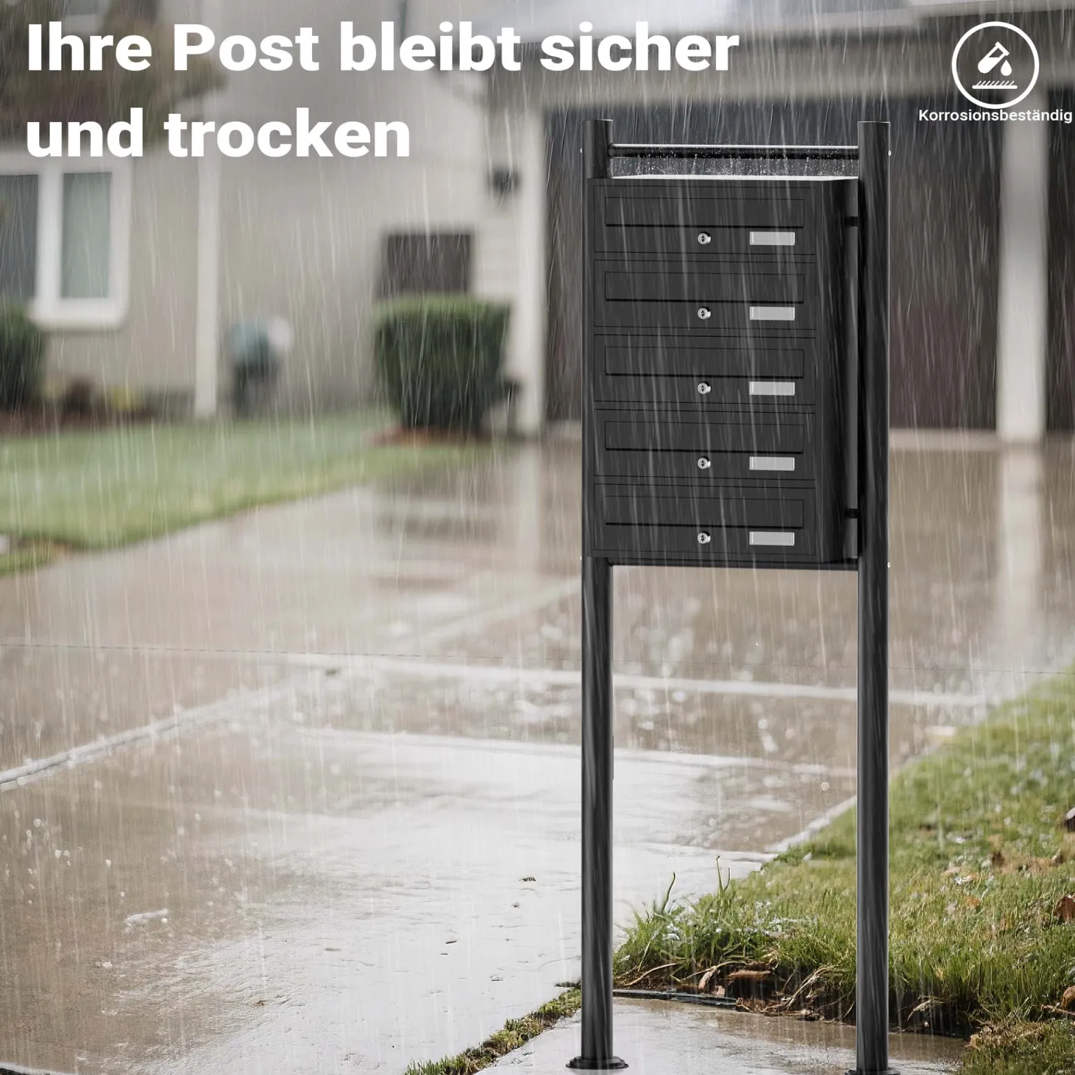 Wiltec 5er Briefkastenanlage schwarz 556 x 270 x 1500 mm, Standbriefkasten mit 5 Fächern, Schlüssel und Namensschild, Briefkasten Postkasten mit Ständer