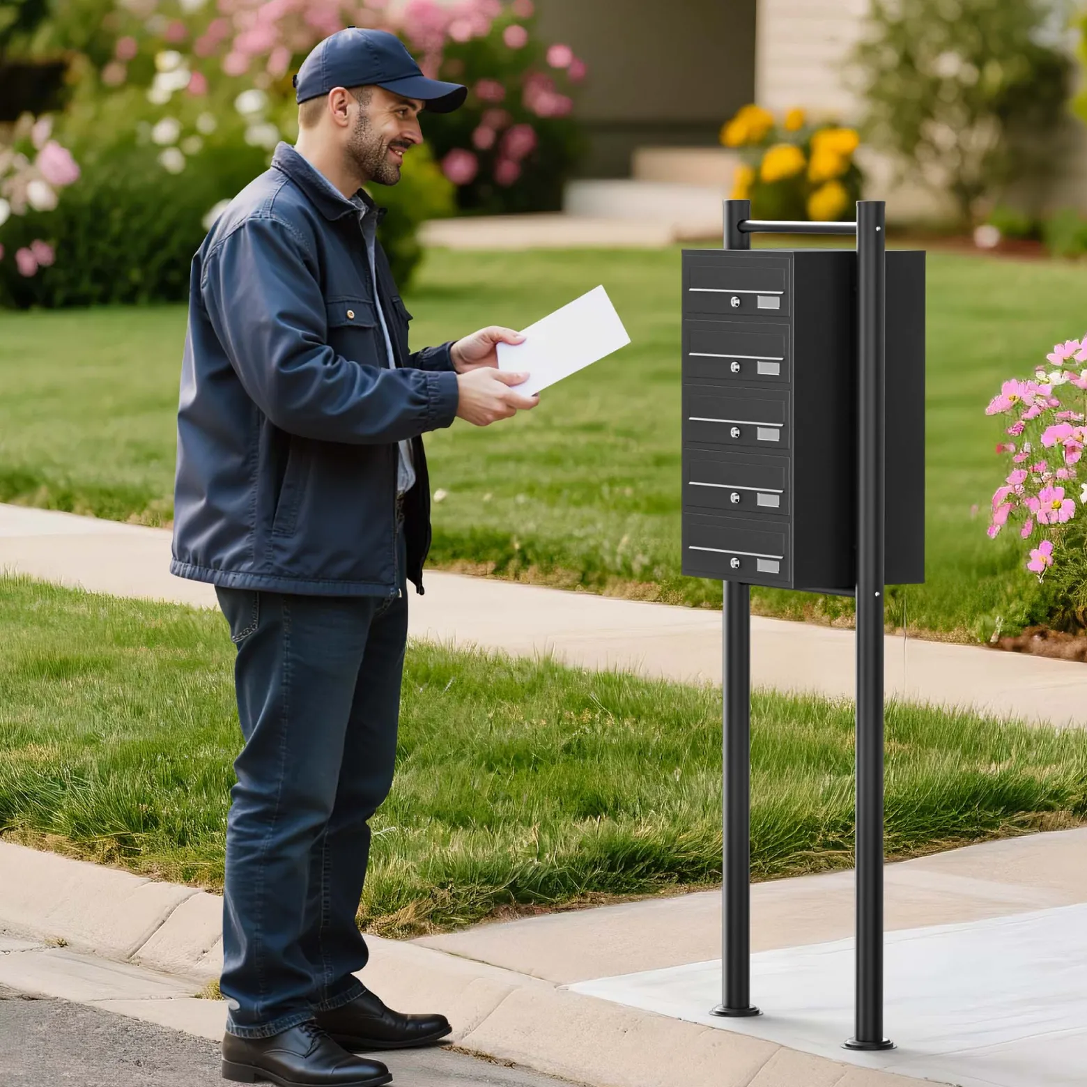 Wiltec 5er Briefkastenanlage schwarz 556 x 270 x 1500 mm, Standbriefkasten mit 5 Fächern, Schlüssel und Namensschild, Briefkasten Postkasten mit Ständer