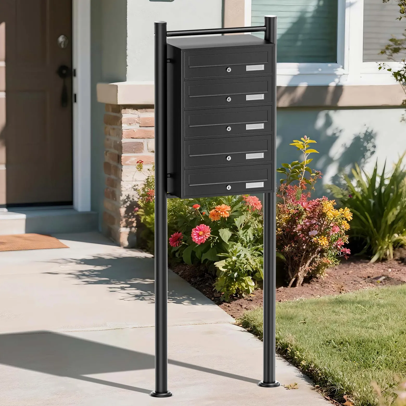Wiltec 5er Briefkastenanlage schwarz 556 x 270 x 1500 mm, Standbriefkasten mit 5 Fächern, Schlüssel und Namensschild, Briefkasten Postkasten mit Ständer