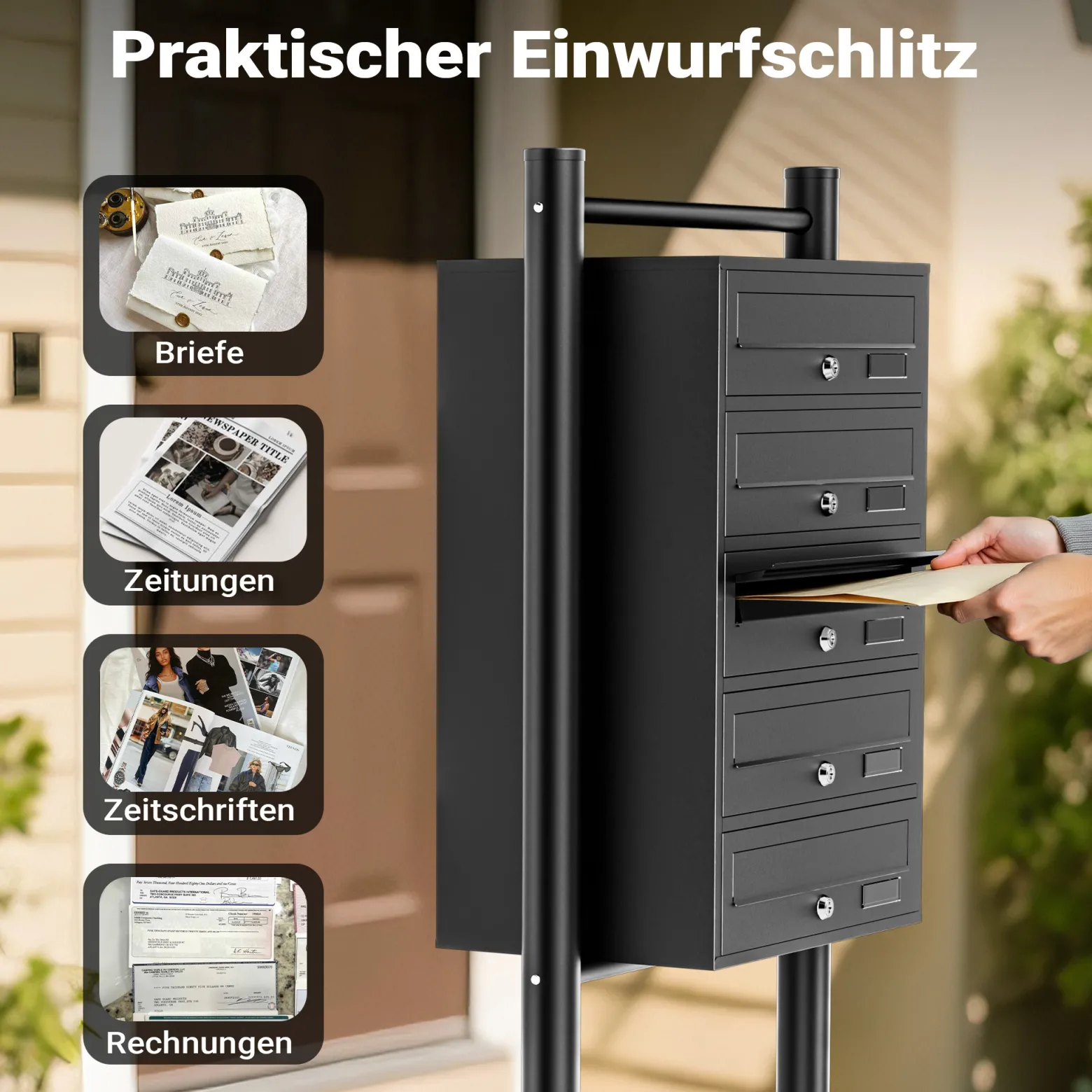 Wiltec 5er Briefkastenanlage schwarz 556 x 270 x 1500 mm, Standbriefkasten mit 5 Fächern, Schlüssel und Namensschild, Briefkasten Postkasten mit Ständer