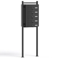 Wiltec 5er Briefkastenanlage schwarz 556 x 270 x 1500 mm, Standbriefkasten mit 5 Fächern, Schlüssel und Namensschild, Briefkasten Postkasten mit Ständer