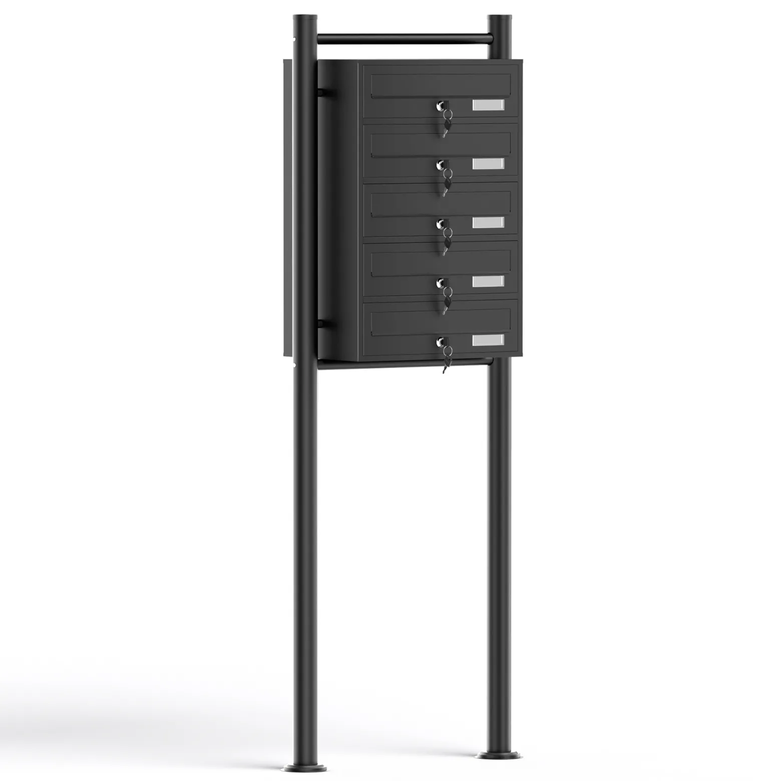 Wiltec 5er Briefkastenanlage schwarz 556 x 270 x 1500 mm, Standbriefkasten mit 5 Fächern, Schlüssel und Namensschild, Briefkasten Postkasten mit Ständer