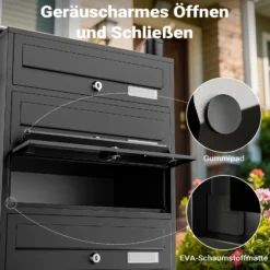 Wiltec 5er Briefkastenanlage schwarz 556 x 270 x 1500 mm, Standbriefkasten mit 5 Fächern, Schlüssel und Namensschild, Briefkasten Postkasten mit Ständer