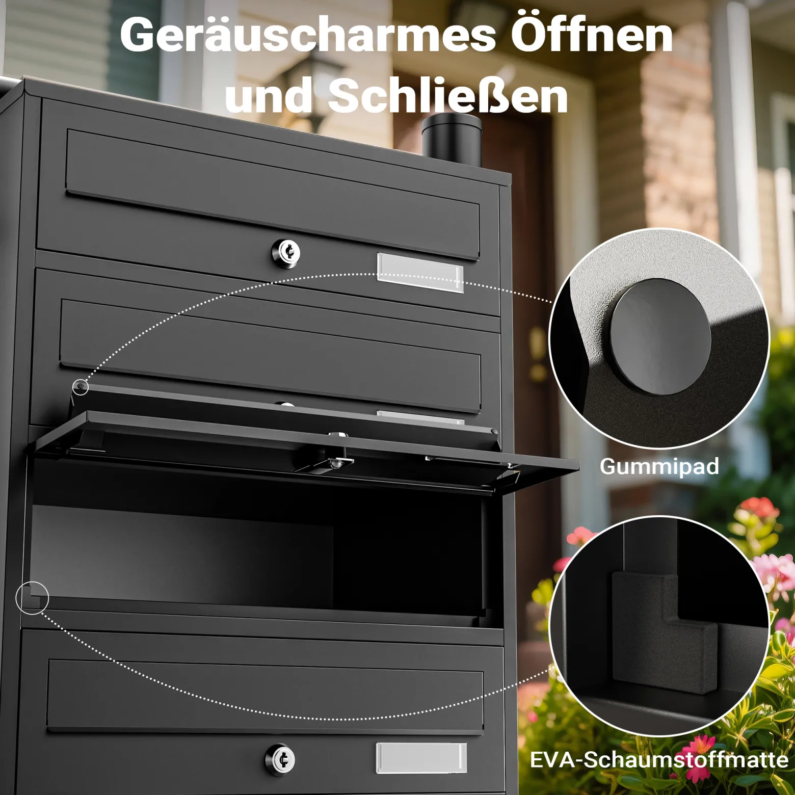 Wiltec 5er Briefkastenanlage schwarz 556 x 270 x 1500 mm, Standbriefkasten mit 5 Fächern, Schlüssel und Namensschild, Briefkasten Postkasten mit Ständer