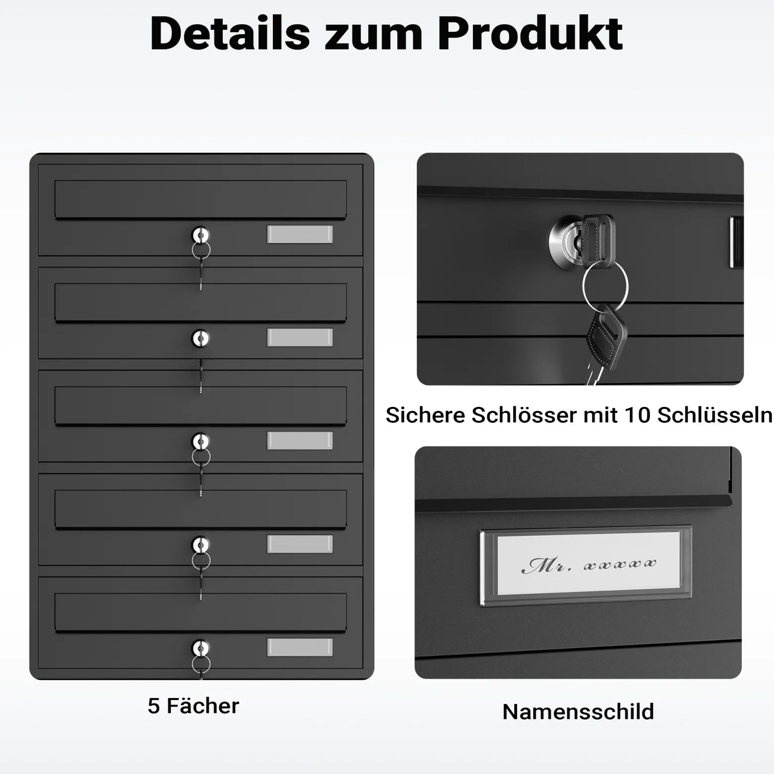 Wiltec 5er Briefkastenanlage schwarz 556 x 270 x 1500 mm, Standbriefkasten mit 5 Fächern, Schlüssel und Namensschild, Briefkasten Postkasten mit Ständer
