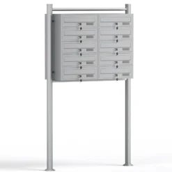Wiltec 10er Briefkastenanlage silberfarben 945 x 270 x 1500 mm, Standbriefkasten mit 2x5 Fächern, Schlüssel und Namensschild, Briefkasten Postkasten mit Ständer