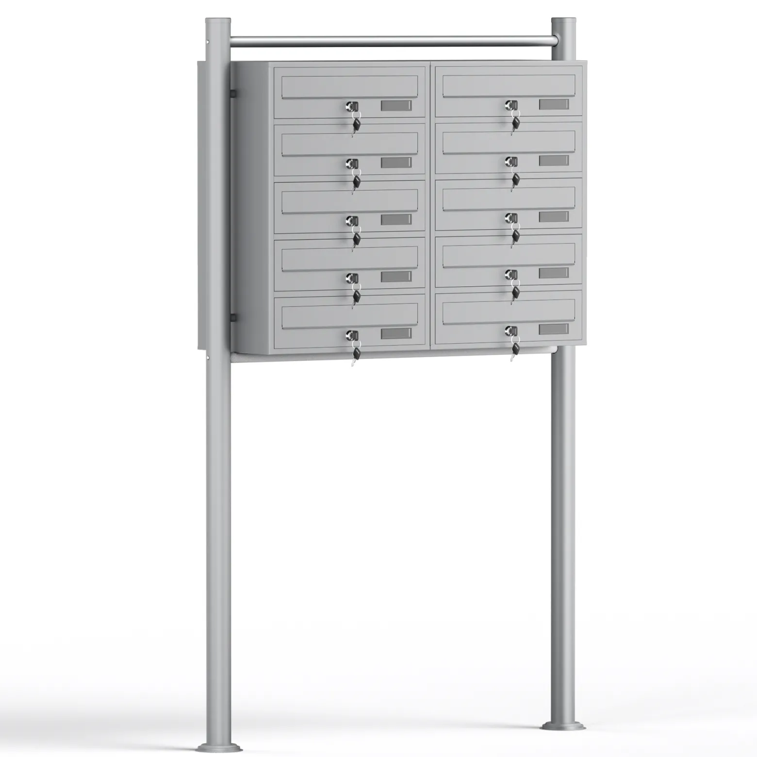 Wiltec 10er Briefkastenanlage silberfarben 945 x 270 x 1500 mm, Standbriefkasten mit 2x5 Fächern, Schlüssel und Namensschild, Briefkasten Postkasten mit Ständer