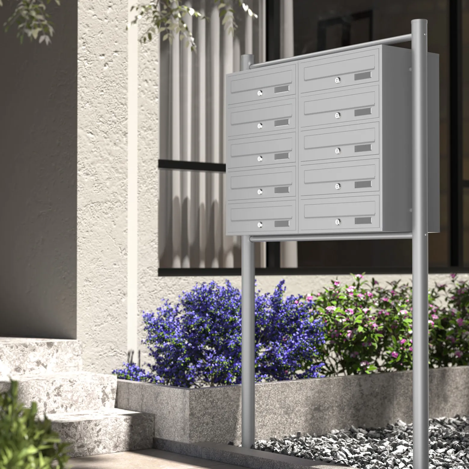 Wiltec 10er Briefkastenanlage silberfarben 945 x 270 x 1500 mm, Standbriefkasten mit 2x5 Fächern, Schlüssel und Namensschild, Briefkasten Postkasten mit Ständer
