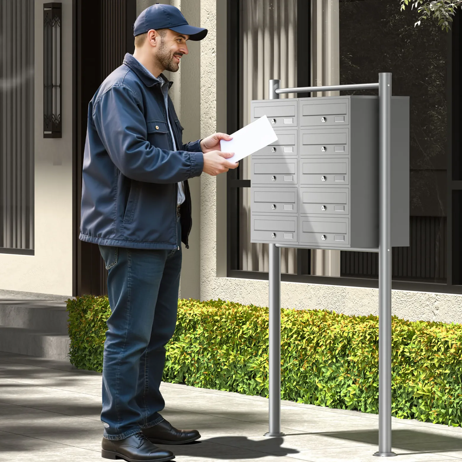 Wiltec 10er Briefkastenanlage silberfarben 945 x 270 x 1500 mm, Standbriefkasten mit 2x5 Fächern, Schlüssel und Namensschild, Briefkasten Postkasten mit Ständer