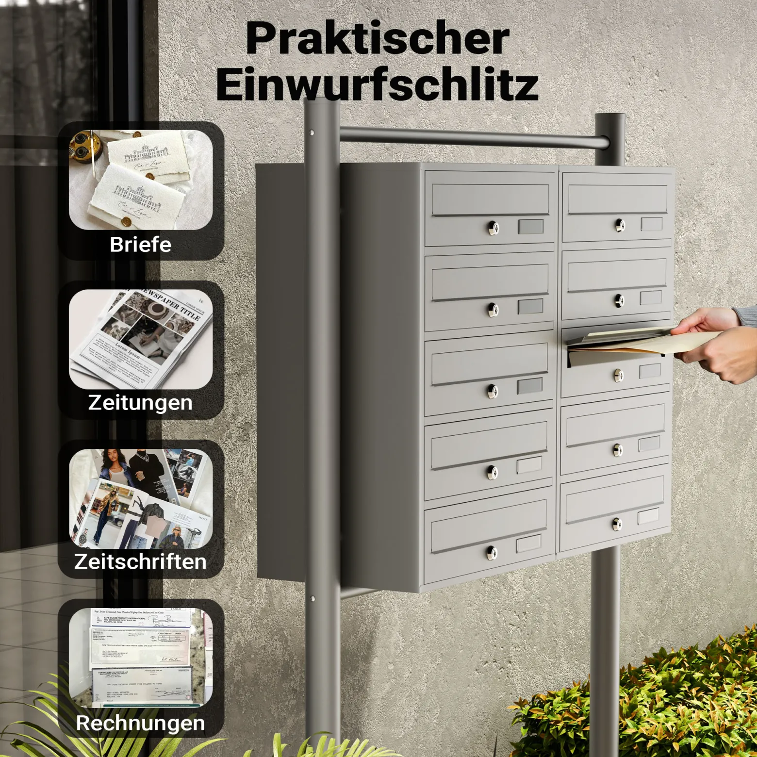 Wiltec 10er Briefkastenanlage silberfarben 945 x 270 x 1500 mm, Standbriefkasten mit 2x5 Fächern, Schlüssel und Namensschild, Briefkasten Postkasten mit Ständer