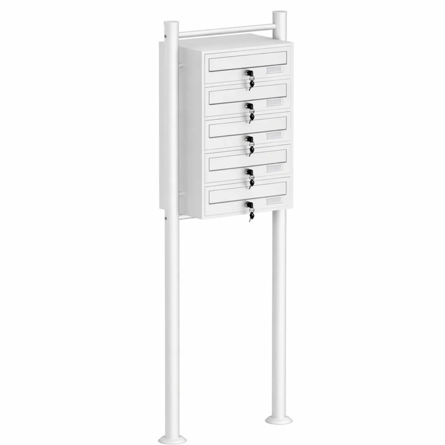 Wiltec 5er Briefkastenanlage weiß 270 x 513 x 1500 mm, Standbriefkasten mit 5 Fächern, Schlüssel und Namensschild, Briefkasten Postkasten mit Ständer