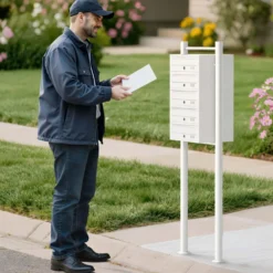 Wiltec 5er Briefkastenanlage weiß 270 x 513 x 1500 mm, Standbriefkasten mit 5 Fächern, Schlüssel und Namensschild, Briefkasten Postkasten mit Ständer