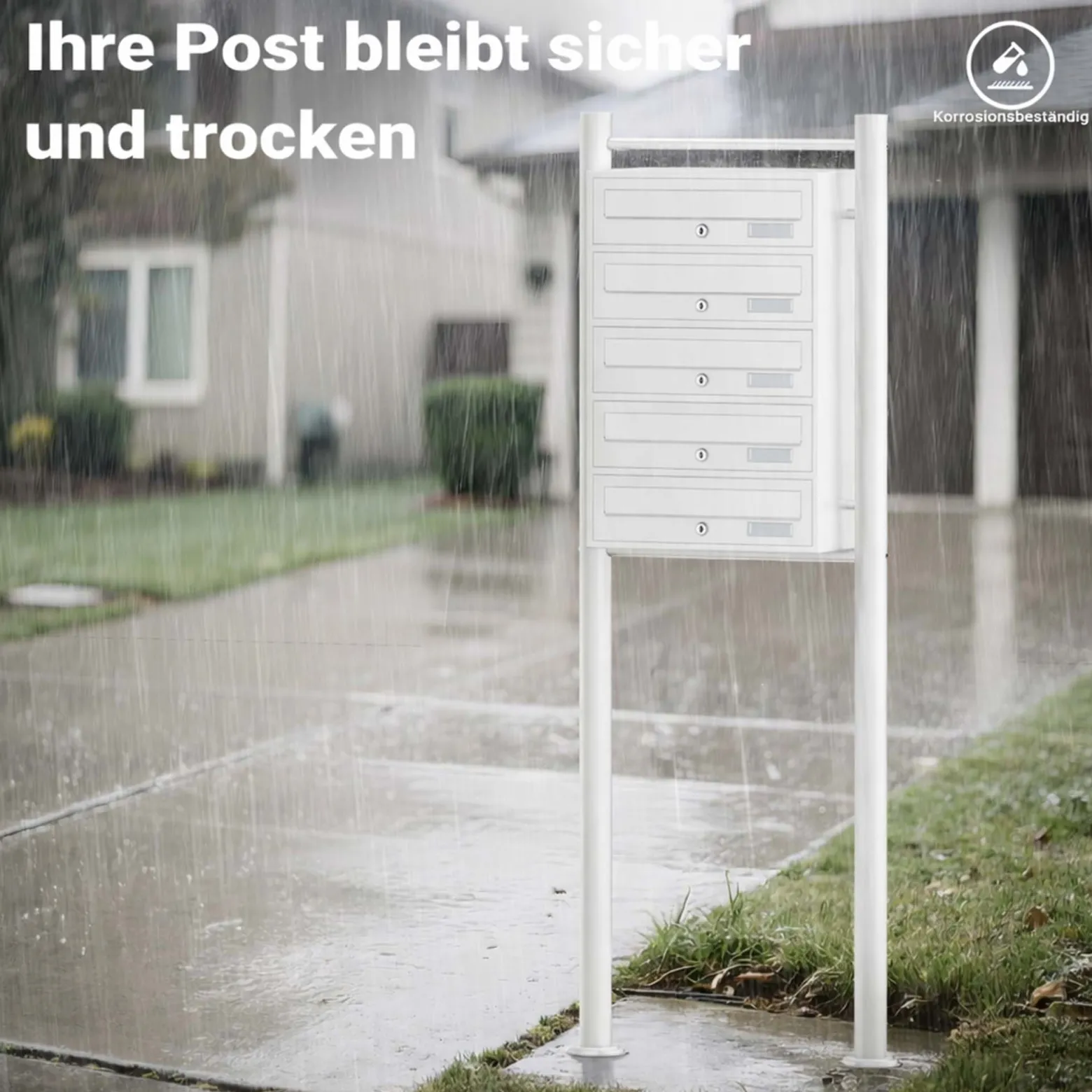 Wiltec 5er Briefkastenanlage weiß 270 x 513 x 1500 mm, Standbriefkasten mit 5 Fächern, Schlüssel und Namensschild, Briefkasten Postkasten mit Ständer