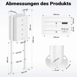 Wiltec 5er Briefkastenanlage weiß 270 x 513 x 1500 mm, Standbriefkasten mit 5 Fächern, Schlüssel und Namensschild, Briefkasten Postkasten mit Ständer