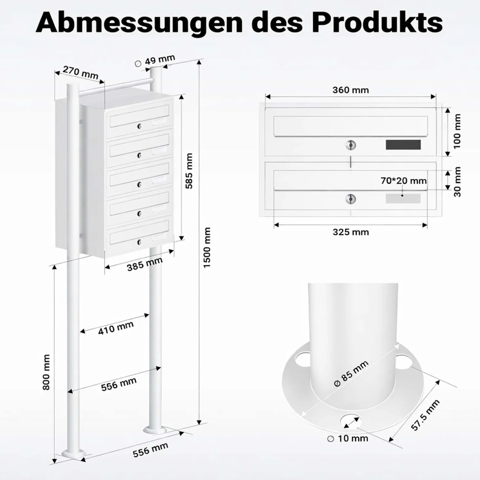 Wiltec 5er Briefkastenanlage weiß 270 x 513 x 1500 mm, Standbriefkasten mit 5 Fächern, Schlüssel und Namensschild, Briefkasten Postkasten mit Ständer