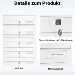 Wiltec 5er Briefkastenanlage weiß 270 x 513 x 1500 mm, Standbriefkasten mit 5 Fächern, Schlüssel und Namensschild, Briefkasten Postkasten mit Ständer