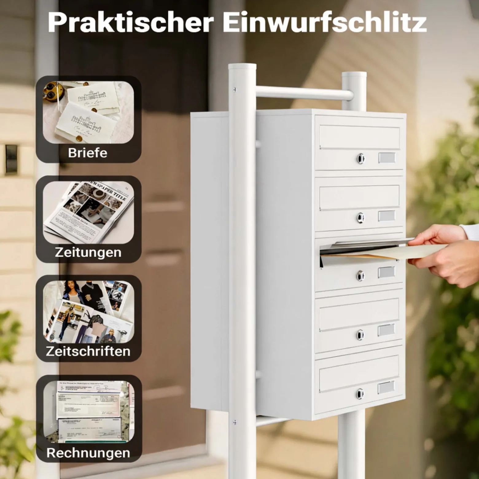 Wiltec 5er Briefkastenanlage weiß 270 x 513 x 1500 mm, Standbriefkasten mit 5 Fächern, Schlüssel und Namensschild, Briefkasten Postkasten mit Ständer