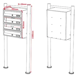 Wiltec 4er Briefkastenanlage weiß 270 x 513 x 1500 mm, Standbriefkasten mit 3 Fächern, Schlüssel und Namensschild, Briefkasten Postkasten mit Ständer