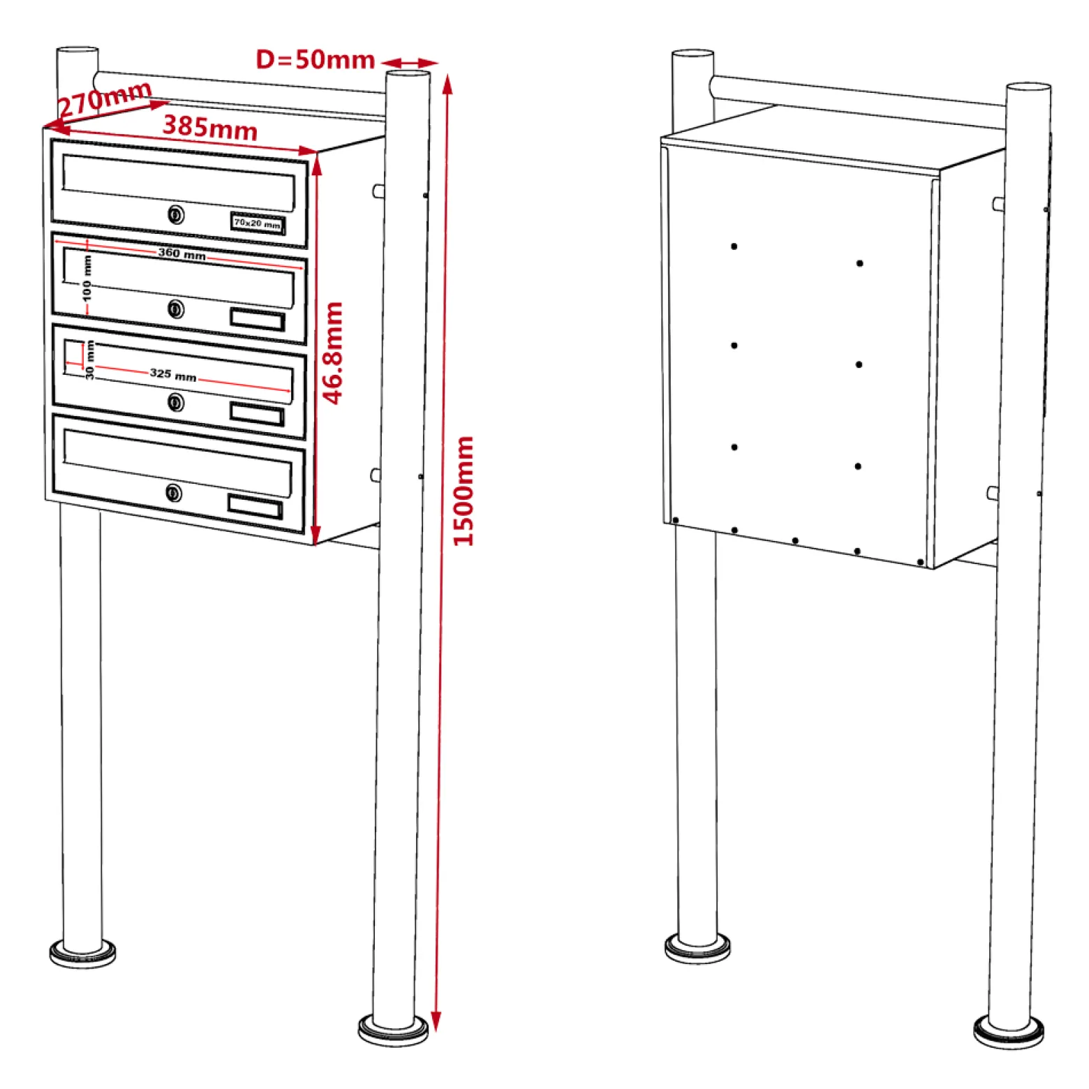 Wiltec 4er Briefkastenanlage weiß 270 x 513 x 1500 mm, Standbriefkasten mit 3 Fächern, Schlüssel und Namensschild, Briefkasten Postkasten mit Ständer
