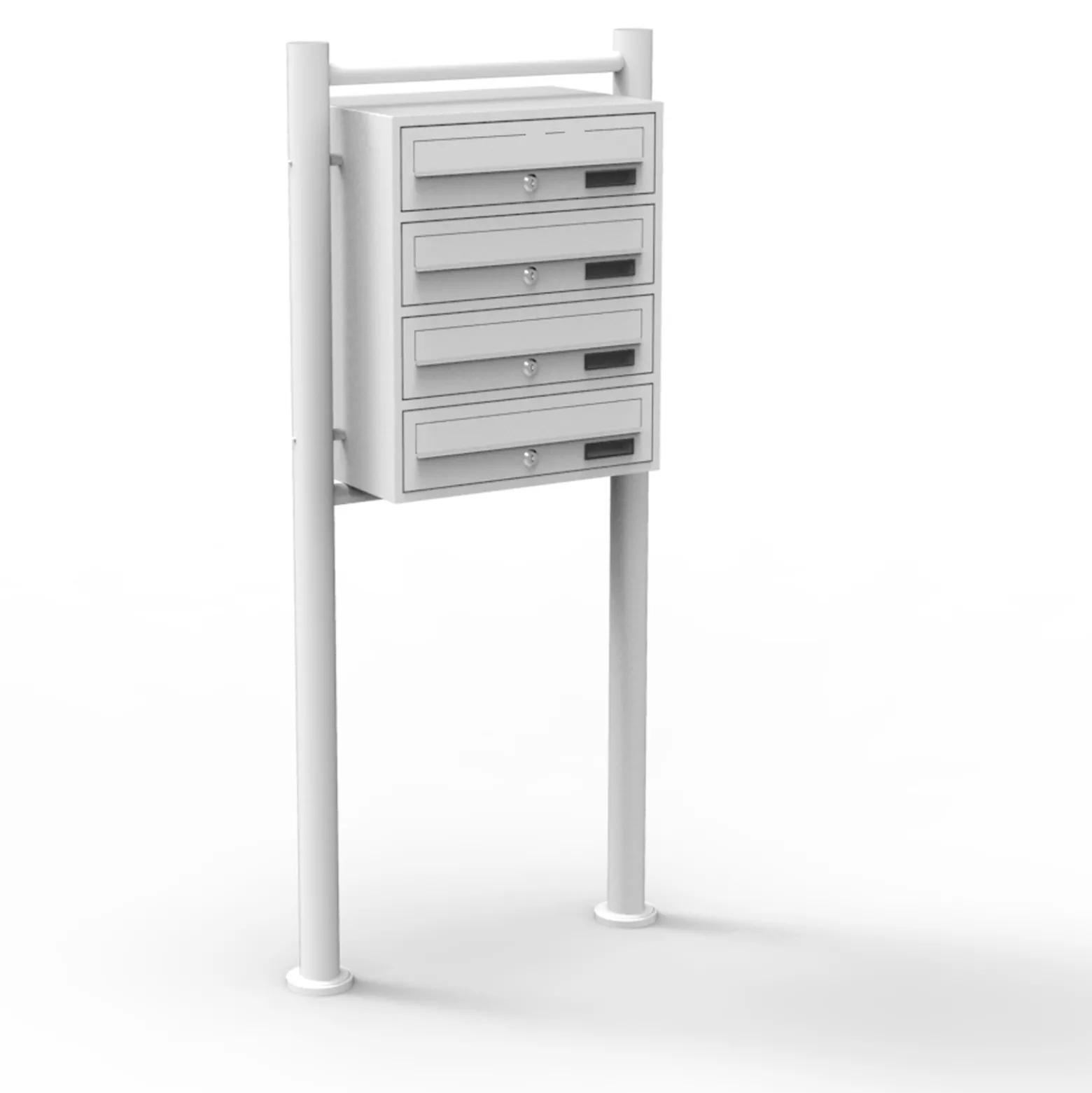 Wiltec 4er Briefkastenanlage weiß 270 x 513 x 1500 mm, Standbriefkasten mit 3 Fächern, Schlüssel und Namensschild, Briefkasten Postkasten mit Ständer