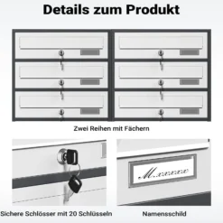 Wiltec 10er Briefkastenanlage Weiß/Anthrazit 945 x 270 x 1500 mm, Standbriefkasten mit 2x5 Fächern, Schlüssel und Namensschild, Briefkasten Postkasten mit Ständer