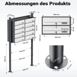 Wiltec 10er Briefkastenanlage Weiß/Anthrazit 945 x 270 x 1500 mm, Standbriefkasten mit 2x5 Fächern, Schlüssel und Namensschild, Briefkasten Postkasten mit Ständer