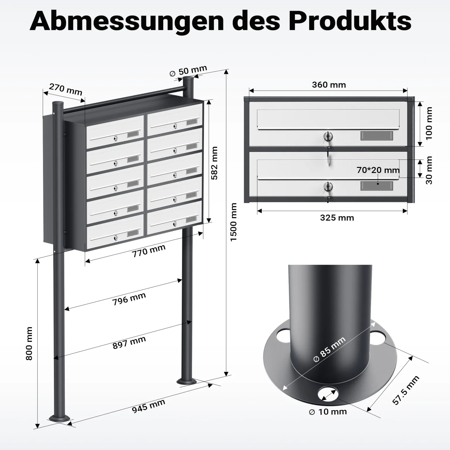 Wiltec 10er Briefkastenanlage Weiß/Anthrazit 945 x 270 x 1500 mm, Standbriefkasten mit 2x5 Fächern, Schlüssel und Namensschild, Briefkasten Postkasten mit Ständer