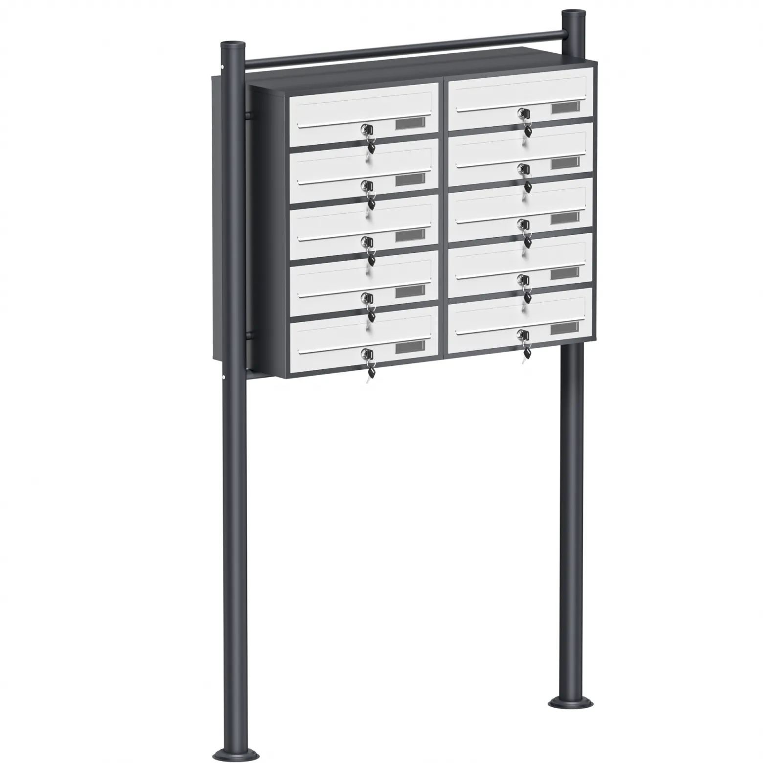 Wiltec 10er Briefkastenanlage Weiß/Anthrazit 945 x 270 x 1500 mm, Standbriefkasten mit 2x5 Fächern, Schlüssel und Namensschild, Briefkasten Postkasten mit Ständer
