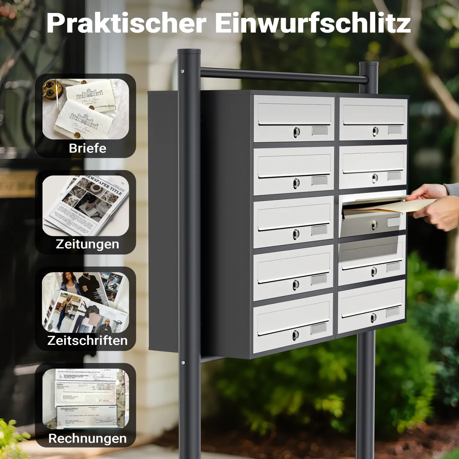 Wiltec 10er Briefkastenanlage Weiß/Anthrazit 945 x 270 x 1500 mm, Standbriefkasten mit 2x5 Fächern, Schlüssel und Namensschild, Briefkasten Postkasten mit Ständer