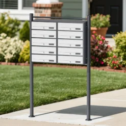 Wiltec 10er Briefkastenanlage Weiß/Anthrazit 945 x 270 x 1500 mm, Standbriefkasten mit 2x5 Fächern, Schlüssel und Namensschild, Briefkasten Postkasten mit Ständer