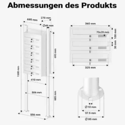 Wiltec 6er Briefkastenanlage weiß 270 x 513 x 1500 mm, Standbriefkasten mit 6 Fächern, Schlüssel und Namensschild, Briefkasten Postkasten mit Ständer