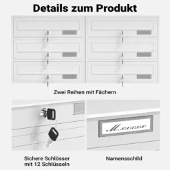 Wiltec 6er Briefkastenanlage weiß 945 x 270 x 1200 mm, Standbriefkasten mit 2x3 Fächern, Schlüssel und Namensschild, Briefkasten Postkasten mit Ständer