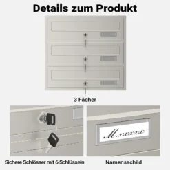 Wiltec 3er Briefkastenanlage Edelstahl 556 x 270 x 1200 mm, Standbriefkasten mit 3 Fächern, Schlüssel und Namensschild, Briefkasten Postkasten mit Ständer