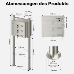 Wiltec 3er Briefkastenanlage Edelstahl 556 x 270 x 1200 mm, Standbriefkasten mit 3 Fächern, Schlüssel und Namensschild, Briefkasten Postkasten mit Ständer