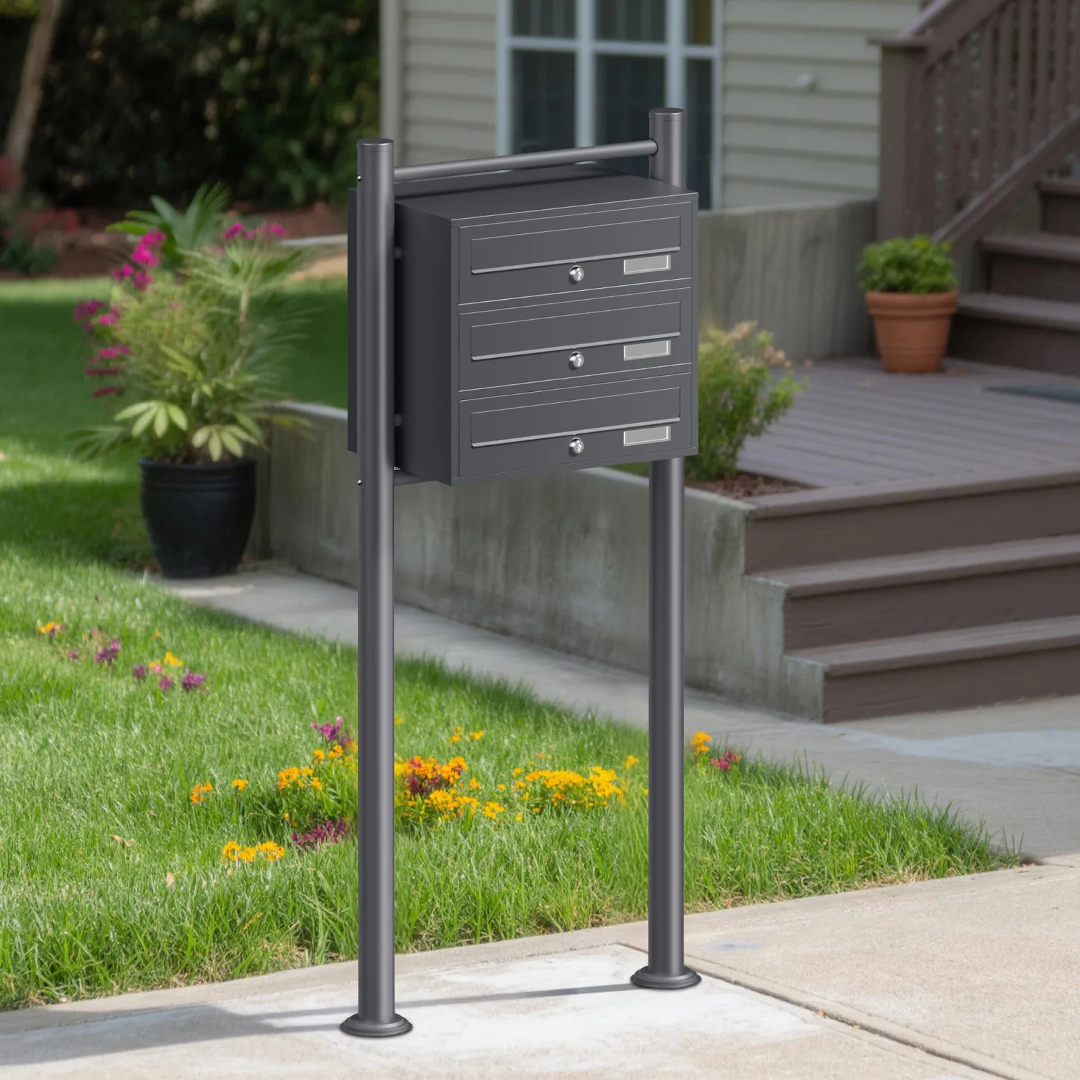 Wiltec 3er Briefkastenanlage Anthrazit 556 x 270 x 1200 mm, Standbriefkasten mit 3 Fächern, Schlüssel und Namensschild, Briefkasten Postkasten mit Ständer