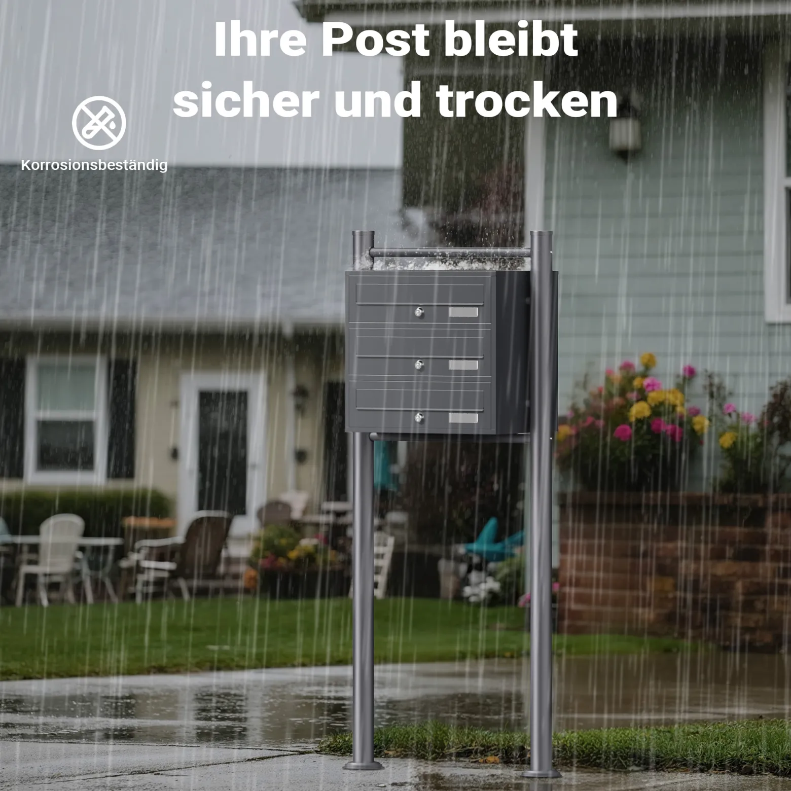 Wiltec 3er Briefkastenanlage Anthrazit 556 x 270 x 1200 mm, Standbriefkasten mit 3 Fächern, Schlüssel und Namensschild, Briefkasten Postkasten mit Ständer