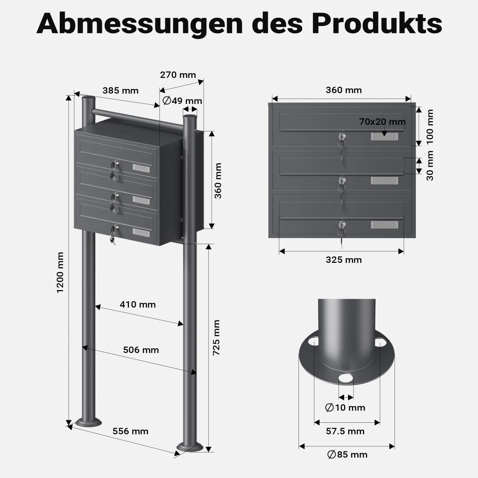 Wiltec 3er Briefkastenanlage Anthrazit 556 x 270 x 1200 mm, Standbriefkasten mit 3 Fächern, Schlüssel und Namensschild, Briefkasten Postkasten mit Ständer