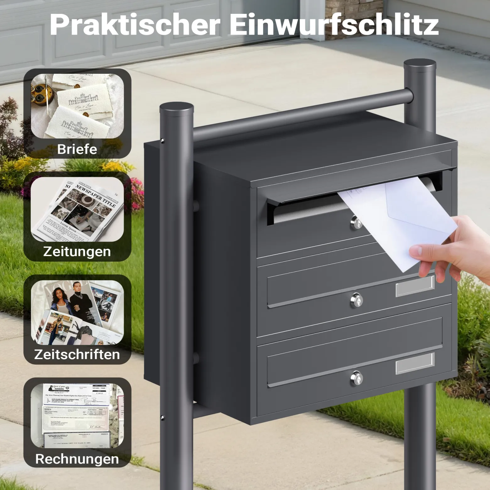 Wiltec 3er Briefkastenanlage Anthrazit 556 x 270 x 1200 mm, Standbriefkasten mit 3 Fächern, Schlüssel und Namensschild, Briefkasten Postkasten mit Ständer