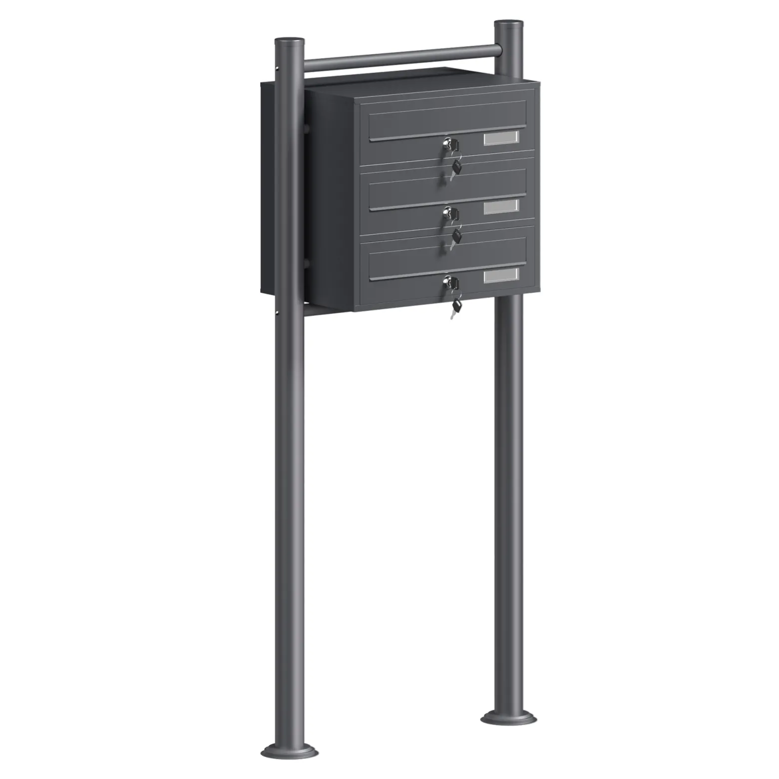 Wiltec 3er Briefkastenanlage Anthrazit 556 x 270 x 1200 mm, Standbriefkasten mit 3 Fächern, Schlüssel und Namensschild, Briefkasten Postkasten mit Ständer