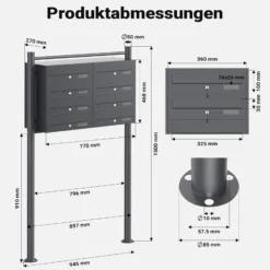 Wiltec 8er Briefkastenanlage Anthrazit 945 x 270 x 1500 mm, Standbriefkasten mit 2x4 Fächern, Schlüssel und Namensschild, Briefkasten Postkasten mit Ständer