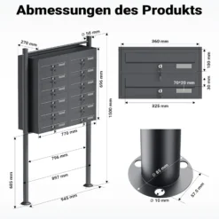 Wiltec 12er Briefkastenanlage Anthrazit 945 x 270 x 1500 mm, Standbriefkasten mit 2x6 Fächern, Schlüssel und Namensschild, Briefkasten Postkasten mit Ständer