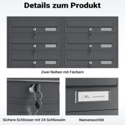 Wiltec 12er Briefkastenanlage Anthrazit 945 x 270 x 1500 mm, Standbriefkasten mit 2x6 Fächern, Schlüssel und Namensschild, Briefkasten Postkasten mit Ständer