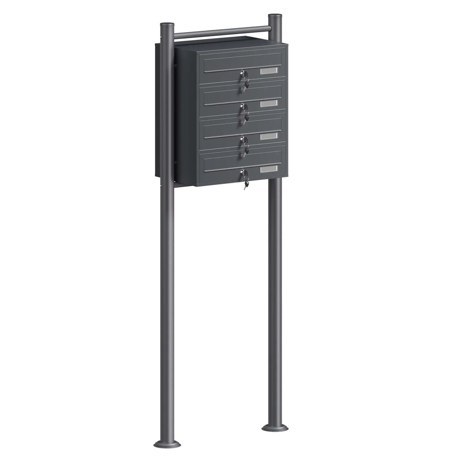 Wiltec 4er Briefkastenanlage Anthrazit 556 x 270 x 1500 mm, Standbriefkasten mit 4 Fächern, Schlüssel und Namensschild, Briefkasten Postkasten mit Ständer