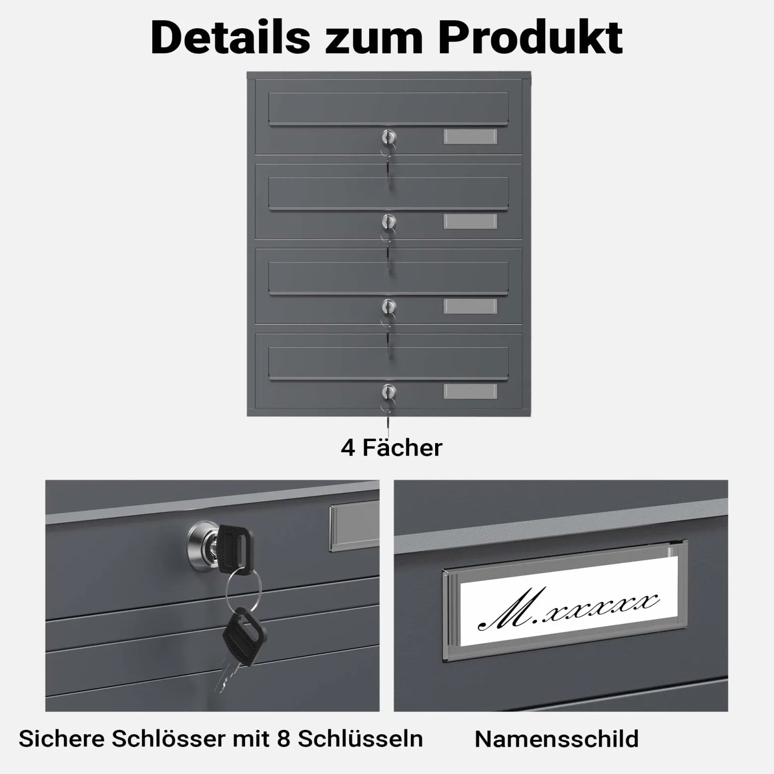 Wiltec 4er Briefkastenanlage Anthrazit 556 x 270 x 1500 mm, Standbriefkasten mit 4 Fächern, Schlüssel und Namensschild, Briefkasten Postkasten mit Ständer