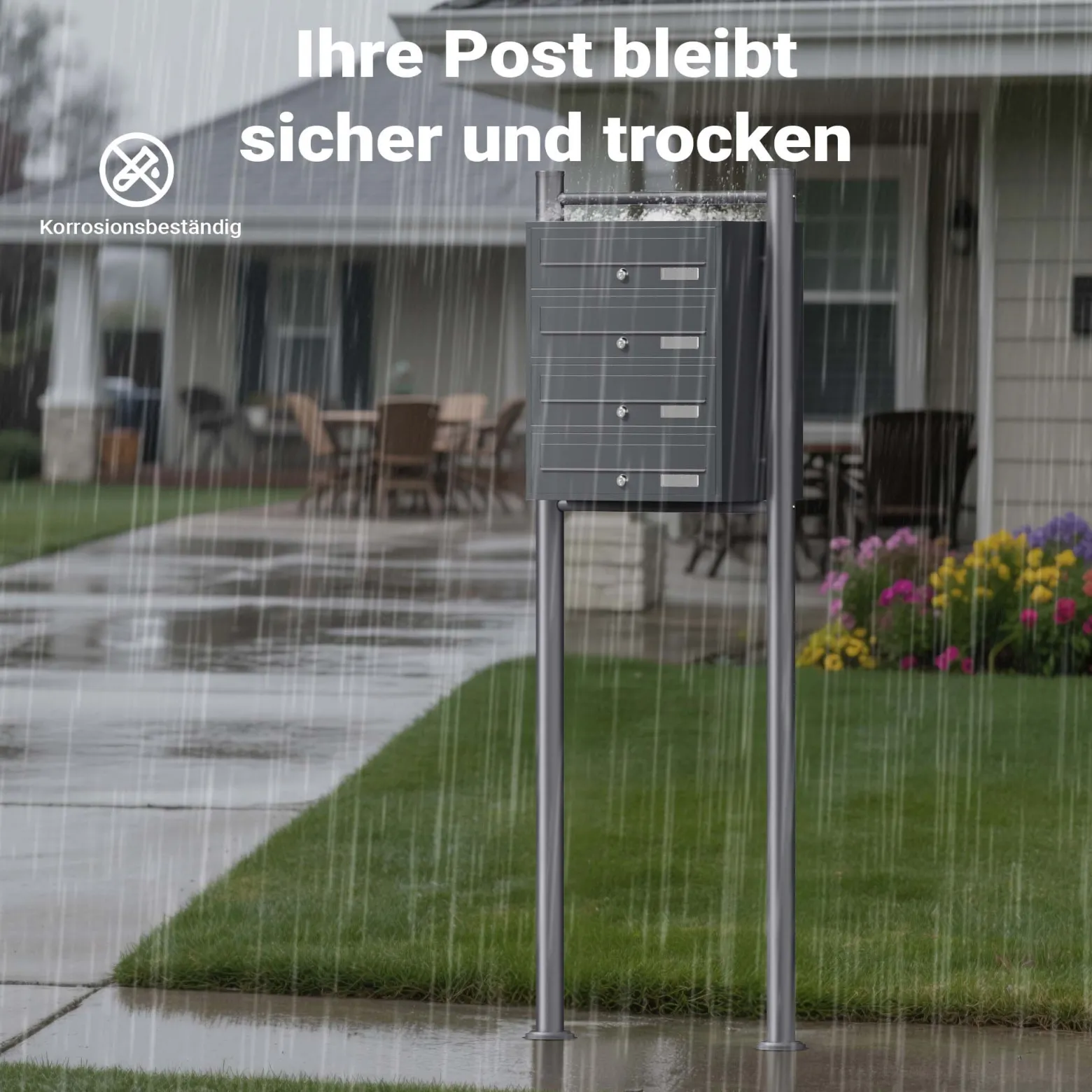 Wiltec 4er Briefkastenanlage Anthrazit 556 x 270 x 1500 mm, Standbriefkasten mit 4 Fächern, Schlüssel und Namensschild, Briefkasten Postkasten mit Ständer