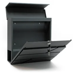 Wiltec 2er Briefkasten Set V14 Anthrazit, Wandbriefkasten mit Schloss, Zeitungsrolle, Ständer, Postkasten aus pulverbeschichtetem Stahl